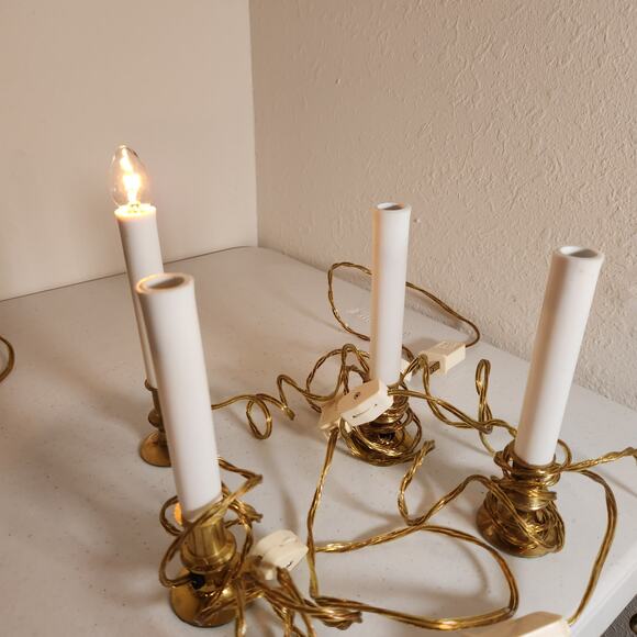 Vintage White and Brass Candle Window Lights 6 inches tall Working 48' Cord - Picture 4 of 9